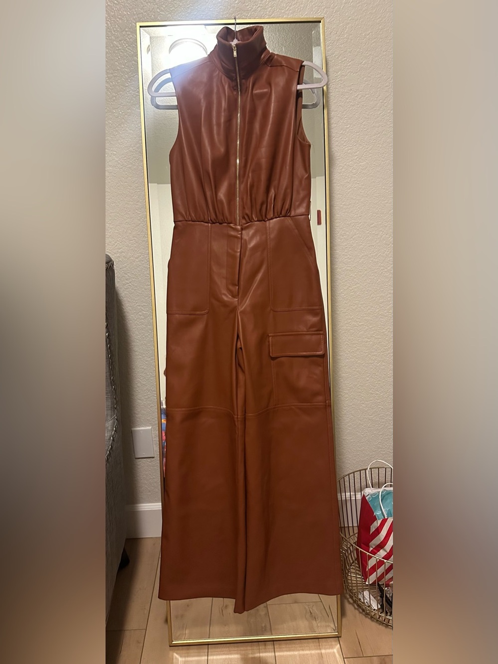 Hutch Cognac Wide-Leg Faux Leather Jumpsuit